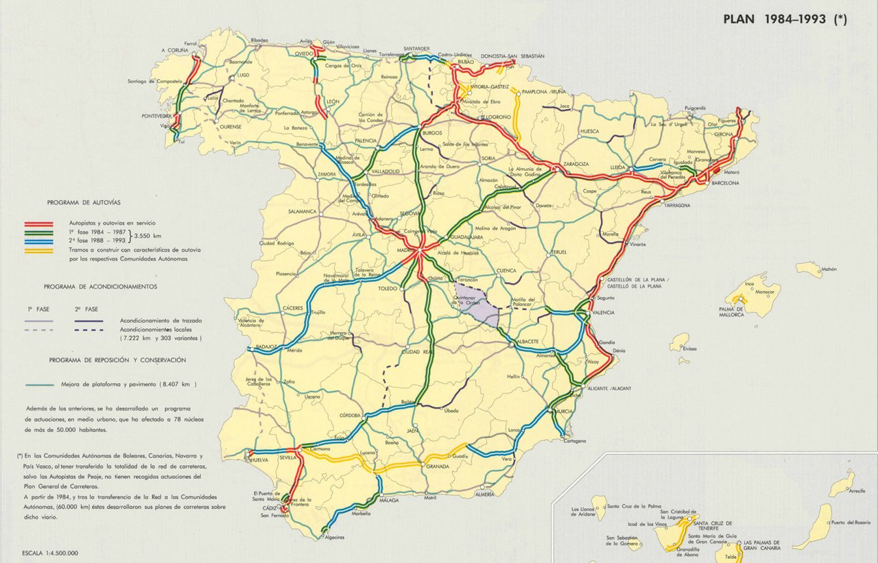 General Road Plan 1984-1993. In red and green, the motorways that were more or less built around 1990.